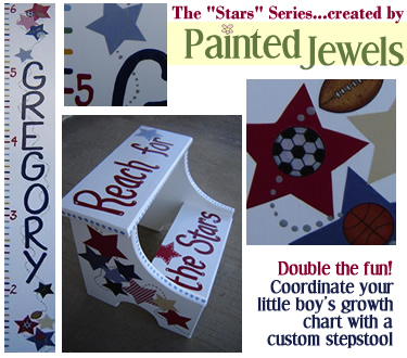 Coordinate your child's room decor and design with complementing wall hangings, growth charts, hairbow holders, stepstools and other unique creations from Painted Jewels!
